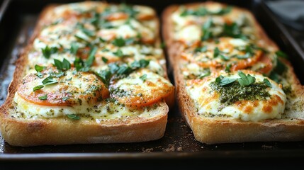Homemade Tomato Mozzarella Bruschetta on Baking Sheet