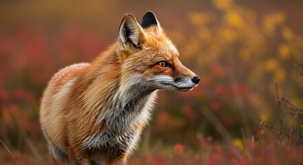 Naklejka premium A red fox standing alert in a field of red shrubs.