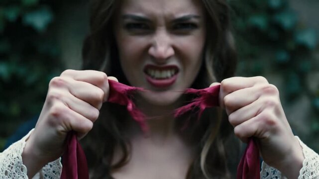 Furious Woman Rips Red Fabric With Anger Showing Teeth and Intense Emotion