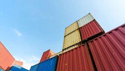 Fototapeta premium Red freight containers are stacked at a busy industrial port with a large shipping vessel in the harbor