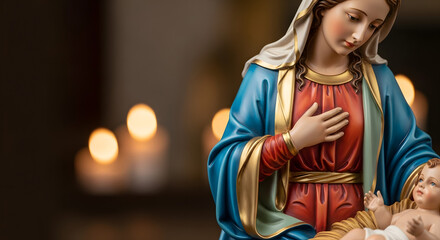 Fototapeta premium Close-up of a religious Christmas nativity scene with the Virgin Mary looking lovingly at the baby Jesus