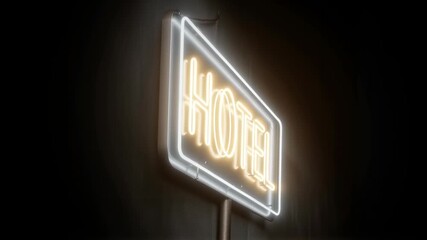 Illuminated neon hotel sign glowing in darkness. Vintage style motel signage on pole. Retro urban nightlife concept. Hospitality industry advertisement. - Powered by Adobe