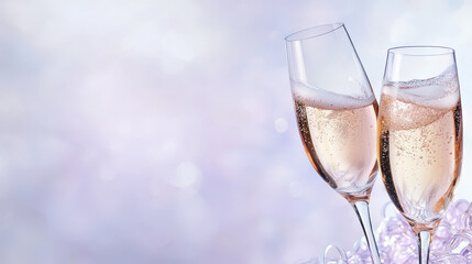 Cheers to celebration with two elegant champagne flutes filled with sparkling rose. soft bokeh background adds festive touch