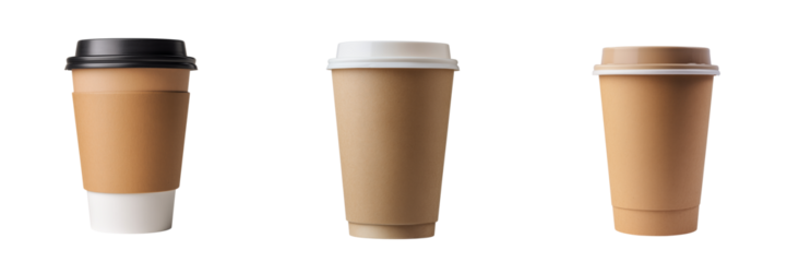 Takeaway coffee cups in various styles transparent background photography minimalist close-up