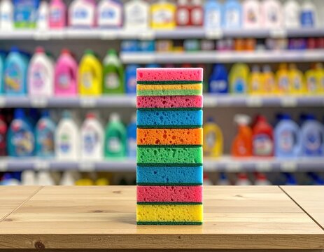 Stack of colorful dishwashing sponges in a supermarket