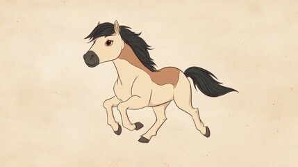 Obraz premium Cartoon Horse in Mid-Gallop on Parchment Background Depicting Vibrant Energy and Playful Spirit in a Whimsical Style
