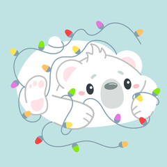 Cute kawaii polar bear tangled in colorful Christmas lights