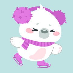 Cute kawaii polar bear in scarf skating