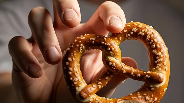 A hand holds a salted, glossy, golden-brown pretzel. Close-up, neutral background