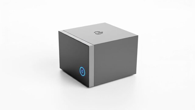 A sleek, dark gray, cube-shaped device on a white background with a blue power button and a subtle symbol on top. The device appears modern
