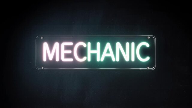 Neon mechanic sign glowing on dark brick wall. Illuminated auto repair shop signage. Bright electric lettering for car service business advertisement