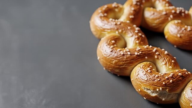 Shiny golden brown twisted pretzel with white salt crystals on a charcoal surface