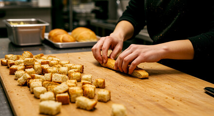 Slicing and Shaping Bread Cubes for Culinary Use in Commercial Kitchen