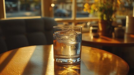 Iced water glass on cafe table, sunlight, city view