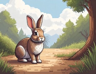 Pixel art rabbit in a sunlit forest path
