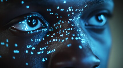 Imagine a futuristic African American male intricate digital patterns on his face serving as a representation of technology and innovation within the vast realm of cyberspace and all its possibilities