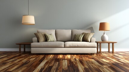 Beige sofa and wood flooring in a modern living room.