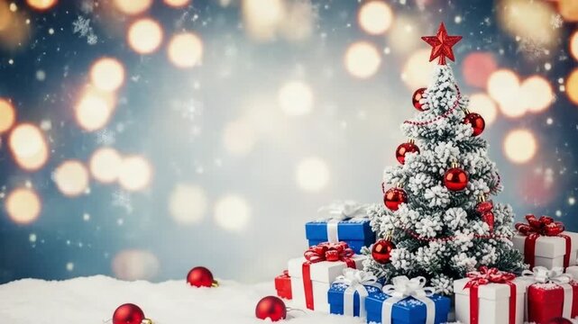 Tree adorned with presents, snowflakes, bokeh lights; "God Jul" equals Merry Christmas