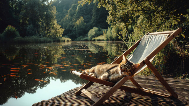 A happy cat sleeping on a wooden deckchair in nature, with a lake full of fish next to it. Dreaming and wishes. Generative AI image