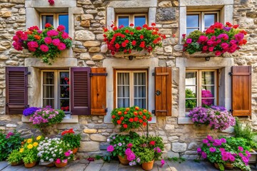 Charming stone building facade with windows and vibrant floral displays