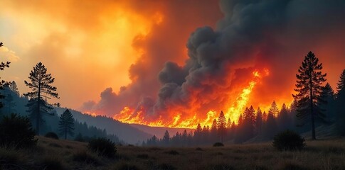 Fototapeta premium Devastating Wildfire Rages Through Dry Forest, Creating a Massive Plume of Smoke, High Flames Leap into the Air, Ecological Disaster, Environmental Damage