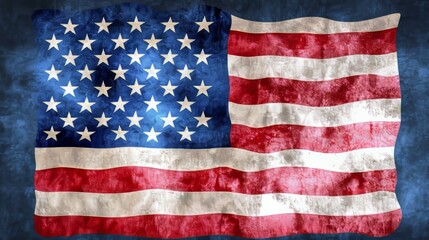 Close-Up of Aged United States Flag Texture on Dark Blue Background, Symbolizing Patriotism