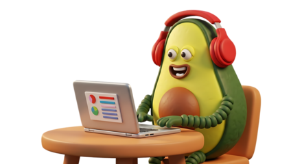 An avocado character wearing headphones working on a laptop at a desk against a black background