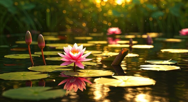 Pink Water Lily in a Pond at Sunset lotus flower pink flower lily pads leaves sunrise golden hour nature floral bloom blossom plant - Powered by Adobe