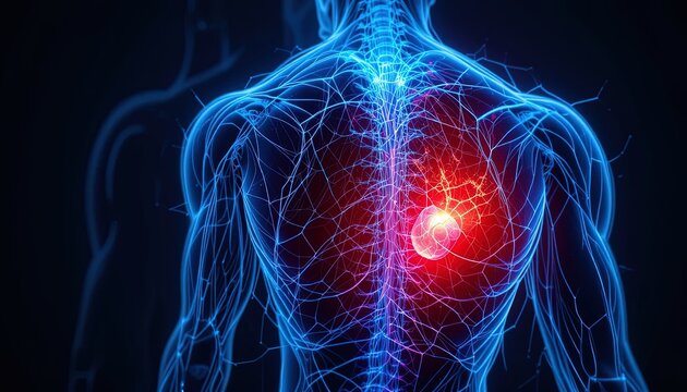 Anatomical illustration showing back pain and nerve inflammation with glowing nerves and spine