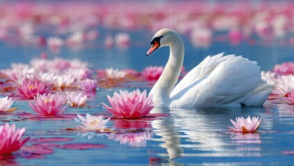 A serene swan glides gracefully amidst a vibrant array of pink and white water lilies, creating a captivating tableau of tranquil beauty.