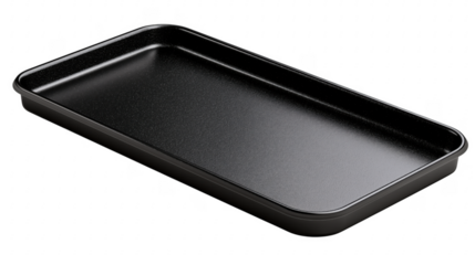 A sleek and elegant black baking tray against a dark studio transparent background