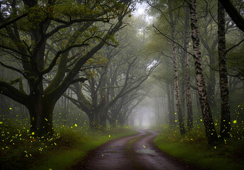 Naklejka premium Fairytale foggy forest landscape with road and glowing fireflies.