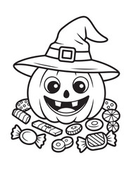 Cute Halloween Coloring Book Pages For Kids,  Vectors Illustration, Line Art, Black & White Designs, Bold-Easy, A4 Size 8.5x11