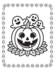 Cute Halloween Coloring Book Pages For Kids,  Vectors Illustration, Line Art, Black & White Designs, Bold-Easy, A4 Size 8.5x11