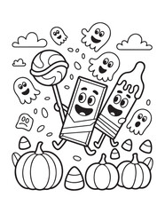 Cute Halloween Coloring Book Pages For Kids,  Vectors Illustration, Line Art, Black & White Designs, Bold-Easy, A4 Size 8.5x11