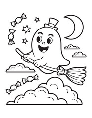 Cute Halloween Coloring Book Pages For Kids,  Vectors Illustration, Line Art, Black & White Designs, Bold-Easy, A4 Size 8.5x11