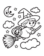 Cute Halloween Coloring Book Pages For Kids,  Vectors Illustration, Line Art, Black & White Designs, Bold-Easy, A4 Size 8.5x11