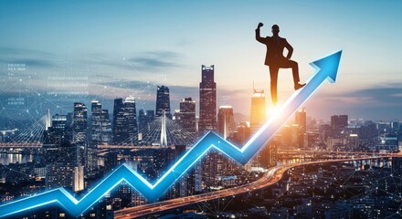 Businessman standing on rising arrow over city skyline at sunset representing financial success, growth and leadership in modern economy and digital network with urban innovation and development