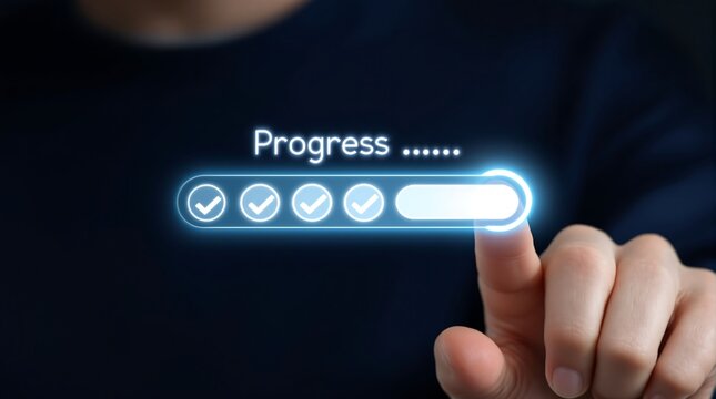 Progress bar illustration concept with check marks and finger pressing for completion status update
