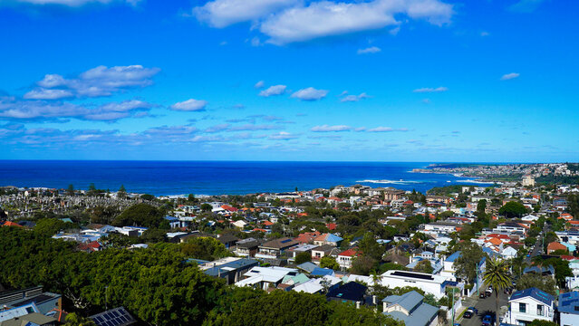 Coogee beach NSW Australia area from above.Panoramic view of coastal town with vibrant houses and clear blue sky