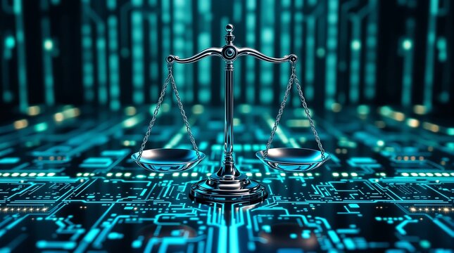 Digital law and justice concept scales of justice on circuit board background cyber security and legal tech