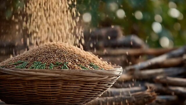 A rustic farm scene featuring a basket brimming with freshly threshed paddy grains, surrounded by stray stalks and husks, set against a backdrop of traditional wooden tools.