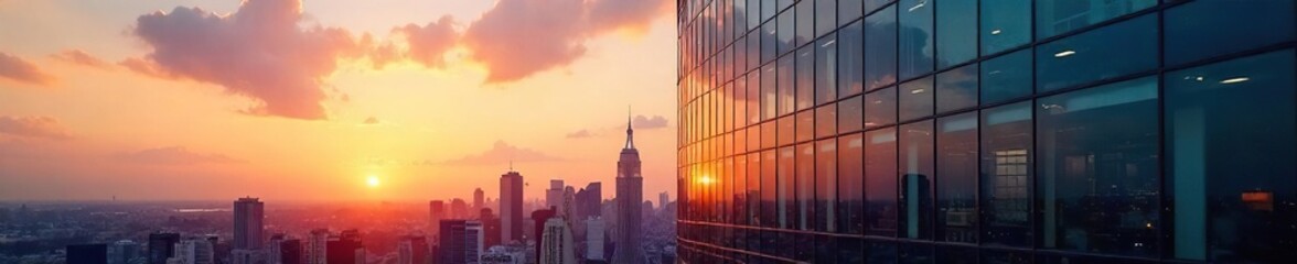 Fototapeta premium Sleek modern glass facade office building reflecting the city skyline at sunset Perfect for corporate branding, architecture, and real estate marketing , night, sunset