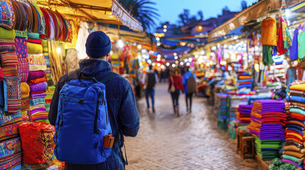 Exploring vibrant market stalls filled with colorful textiles and goods, traveler enjoys lively atmosphere