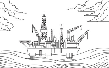 Ocean Oil Drilling Rig Vector Illustration – Energy Industry Offshore Platform Line Art