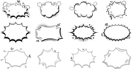 Set of comic speech bubbles and explosion frames in hand drawn style. Minimal black outline shapes for dialogue, action, and retro cartoon effects.