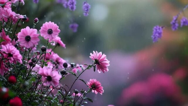 Beautiful flowers blooming in the rain at a garden