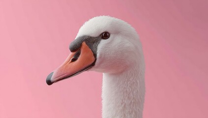 Close-up profile view of a swan's head and neck against a vibrant pink background.
