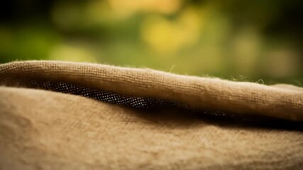 Close-up of draped burlap fabric with a blurred, leafy green and yellow background - Powered by Adobe