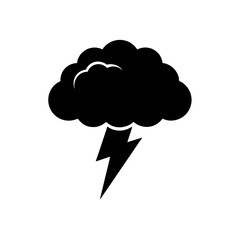 Black cloud with lightning bolt silhouette on transparent background